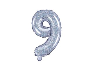 Balon foliowy cyfra 9, 35 cm, holograficzny 14cal Partydeco (FB10H-9-018)