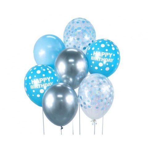 Balon gumowy Bukiet balonowy srebrno-niebieski Happy Birthday, 7 szt. niebieska Godan (BB-SNH7)
