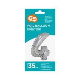 Balon foliowy cyfra 4 srebrny 35 cm 16cal Godan (FG-C35S4)