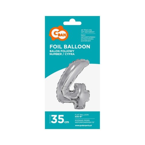 Balon foliowy cyfra 4 srebrny 35 cm 16cal Godan (FG-C35S4)