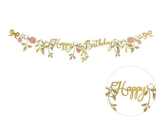 Baner Happy Birthday Kwiaty, różowo-złoty, 1.3m Partydeco (GRL127)