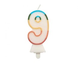 Świeczka urodzinowa cyferka 9, tęczowa, NOWY BIO BROKAT, 8,5 cm Godan (SW-CBB9)