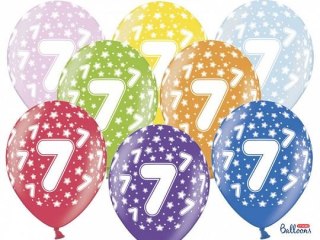 Balon gumowy gumowy 7 urodziny, mix kolorów 30 cm/6 sztuk mix 300mm Partydeco (SB14M-007-000-6)