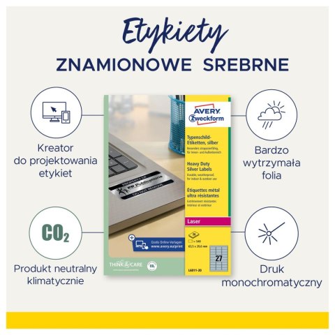 Etykieta do oznaczania Avery Zweckform - Srebrny [mm:] 63,5x29,6 (N§6011)