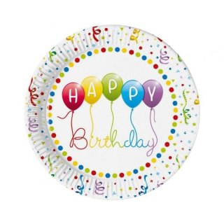 Talerz jednorazowy Happy Birthday Streamers, next generation papier śr. 230mm 8 szt Godan (93426)