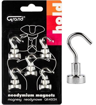 Magnes neodymowy z haczykiem Srebrny śr. 12mm Grand (130-1966) 5 sztuk