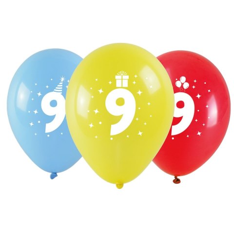 Balon gumowy z nadrukiem cyferki - 9 (3 szt.) mix 280mm Arpex (KB1986-9-9944)