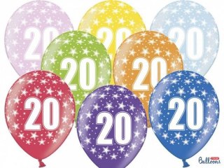 Balon gumowy gumowy 20 urodziny, mix kolorów 30 cm/6 sztuk mix 300mm Partydeco (SB14M-020-000-6)