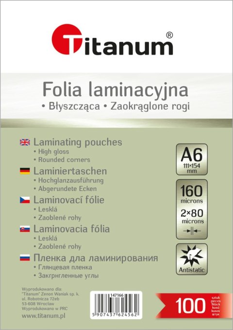 Folia do laminowania A6 przezroczysty 80mic. [mm:] 111x154 Titanum