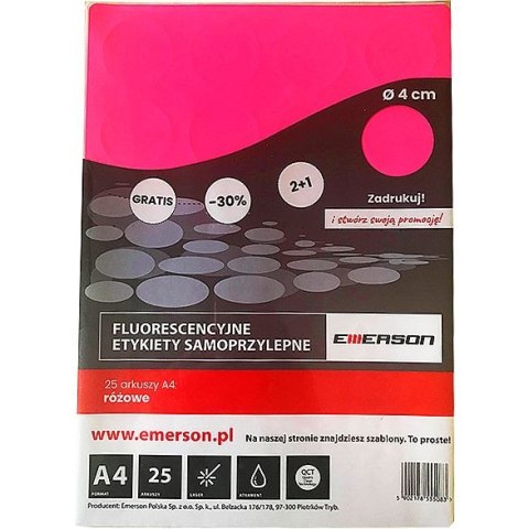 Etykieta samoprzylepna kółka 40 mm A4 różowy Emerson (ETOKROZ02x025x010)