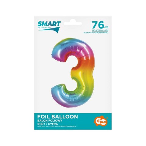 Balon foliowy Smart cyfra 3 tęcza 76cm Godan (CH-STC3)