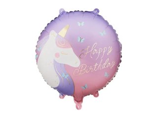 Balon foliowy pastylka Happy Birthday z jednorożcem 18cal Partydeco (FB354)