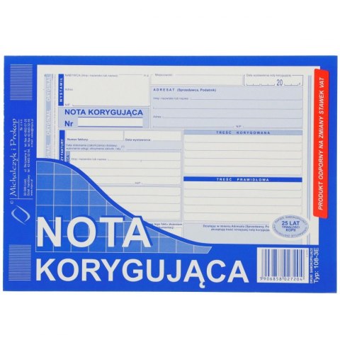 Druk offsetowy Michalczyk i Prokop nota korygująca VAT netto pełna A5 A5 80k. (108-3)