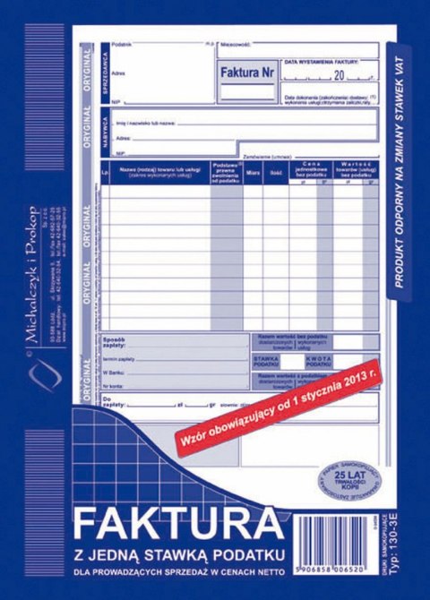 Druk offsetowy Faktura VAT pion A5 (z jedną stawką podatku) A5 80k. Michalczyk i Prokop (130-3E)