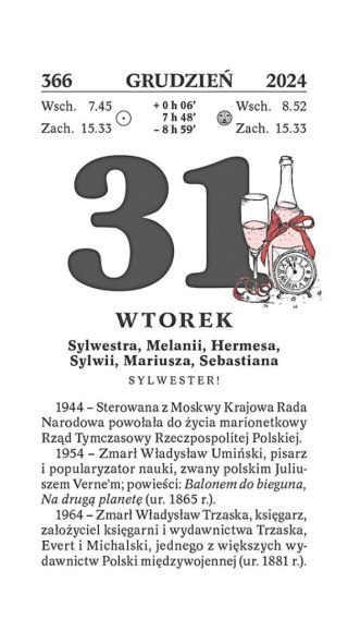 Kalendarz ścienny zdzierak 76mm x 135mm Wydawnictwo Telegraph